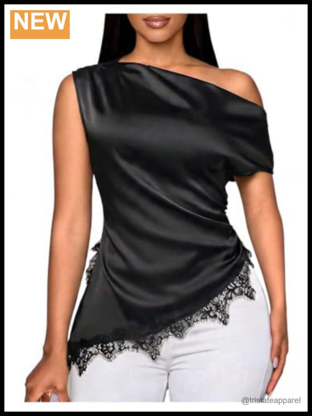Off Shoulder Satin Blouse Asymmetrical Lace Short Sleeve Elegant